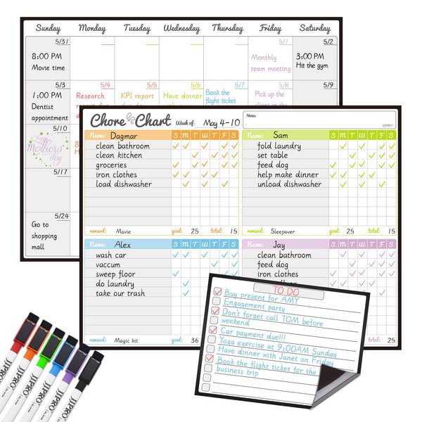 Magnetic Dry Erase Chore Chart and Calendar Bundle for Fridge - Chore Chart for Multiple Kids,Monthly Calendar,One Bonus to-do Whiteboard and 6 Extra Fine Tips Markers Included!