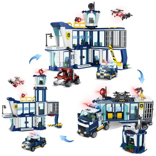 Verwisdon 699 Piece City Police Building Sets for Kids,3 in 1 Police Station and Mobile Center Truck Building Toys Kit with Police Car, Bandit Car, Drone, Birthday Gift for Boys Girls Kids Ages 6 7 8+