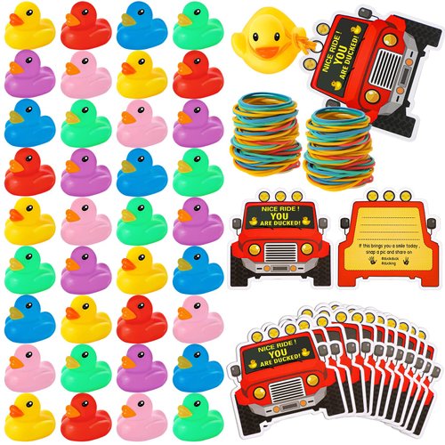 248 Pcs Duck Car Shape Tag Kits Includes 48 Squeaky Rubber Duck Bath Toy 100 Ducking Card Tags 100 Colorful Rubber Bands for Car Ducking Decor Birthday Car Escaped Theme Party Favor (Mixed Color)