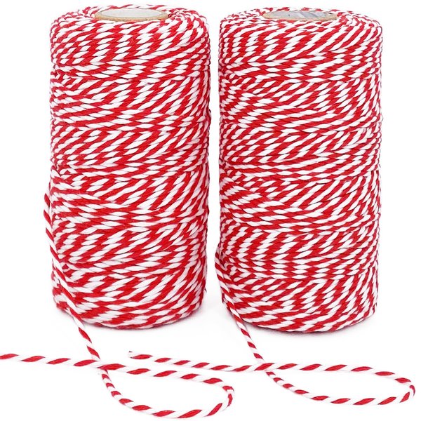 Leecogo Christmas Twine String, 2 Rolls 656 Feet Bakers Twine Cotton Twine String Natural Red White Butchers Twine String Cord for Gift Wrapping, Baking, Arts Crafts, Gardening,DIY,Home Decor