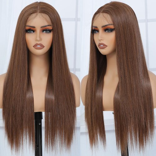 Raxylll Auburn Synthetic Lace Front Wig Pre Plucked Wear And Go Glueless Wig HD Synthetic Lace Front Wigs for Women Silk Straight 180 Density 26 inch, Modern Vibes Auburn Brown Wig