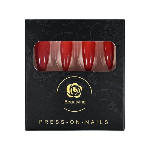 iBeautying Press on Nails - Chinese Red Solid Color False Nails | Stiletto Long Reusable Fake Nails in 10 Sizes - 24 Nail Kit with Jelly Glue Pad