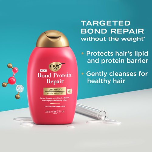 OGX Repair & Protect Bond Protein Repair Shampoo, Lightweight Hair Wash Cleanses & Targets Damaged Areas of Hair for Effective Bond Repair, Sulfate-Free Surfactants, 13 fl. oz