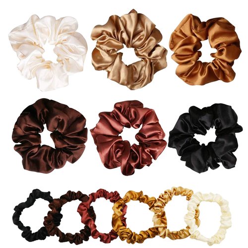 12 Pack Satin Hair Scrunchies for Girls and Ladies，6 Small Satin Ponytail Holder Bands and 6 Big Satin Elastic Hairbands,Hair Accessories for Thick and also Thin Hair.