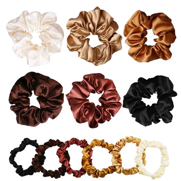 12 Pack Satin Hair Scrunchies for Girls and Ladies，6 Small Satin Ponytail Holder Bands and 6 Big Satin Elastic Hairbands,Hair Accessories for Thick and also Thin Hair.