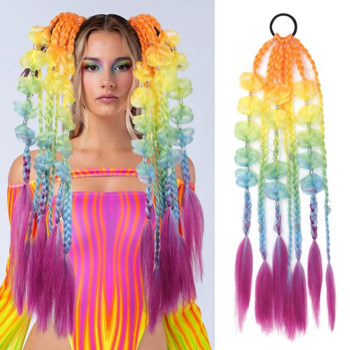 SEIKEA Colored Hair Extensions, Lightweight Colored Hair Extensions for Kids, Ombre Braided Ponytail Extension with Hair Tie, 24" Crazy Hair Day Accessories for Girls Festival Rave Braids S6