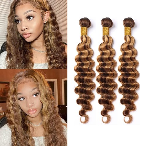 P4/27 Highlight Human Hair Bundles Deep Wave Bundles Human Hair 18 20 22Inch Human Hair Deep Wave Human Hair Bundles Ombre Brown Bundles Human Hair Double Weft Hair Extensions (P4/27-DP-18 20 22)