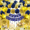 ZERODECO Birthday Party Decorations for Men, Navy Blue Gold Happy Birthday Banner Pompoms Balloon Arch Fringe Curtain Party Décor for Men Boys Women Girls Birthday Party Decorations Kit