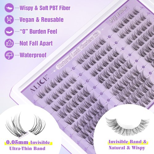ALICE Natural Lash Extension Kit Lash Clusters Kit Wispy Cluster Eyelash Extension Kit with 135pcs Clear Band C Curl 10-14mm Eyelash Clusters Lash Glue Bond and Seal