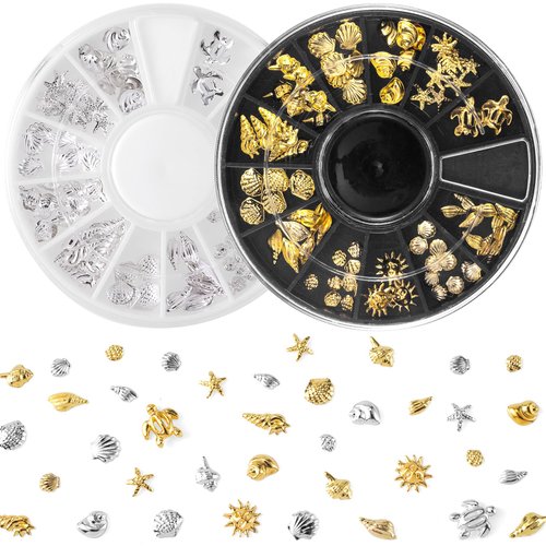 Pndeyo 2 Disc Ocean Nail Art Charms, Beach Starfish Sea Seashell Nail Decal, Alloy 3D Nail Gems Jewelry Decoration Supplies for Manicure DIY Nail Embellishments 12 Style- Silver & Gold
