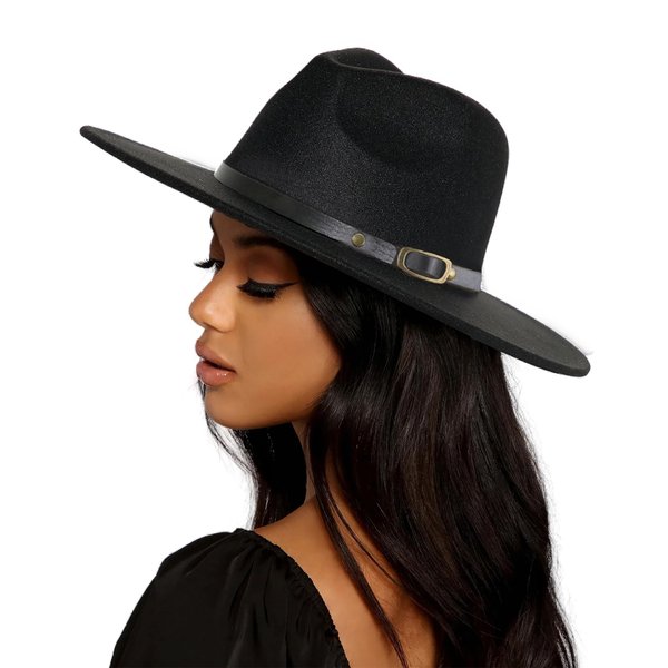 UTOWO Classic Black-Felt-Fedora-Hats-for-Women, Wide-Brim-Wool-Rancher-Panama Jazz Hat with Belt-Buckle