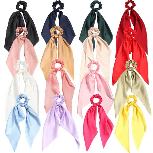 SUSULU Hair Scarf Scrunchies for Women Long Tail Bowknot Hair Elastic Ties Satin Ribbon Hair Bands Ponytail Holders Hair Accessories Pack of 16pcs Solid Colors