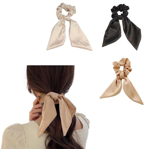 Satin Hair Scarf Scrunchies for Women 3 Pcs Hair Ribbon Scrunchie with Knotted Bow Hair Ties Elastic High Low Ponytail Holder for Thick Thin Hair Ribbons for Women Girls