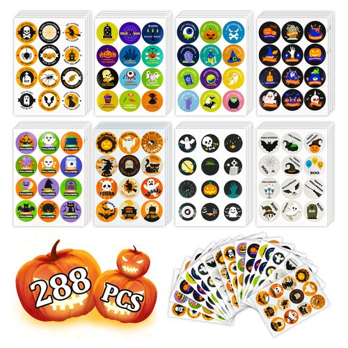 Partywind 228 PCS Halloween Stickers for Kids, Self-Adhesive Halloween Sticker Sheets for Party Decorations, Pumpkin Ghost Stickers for Halloween Treats Goodie Bag Fillers (24 Sheets)