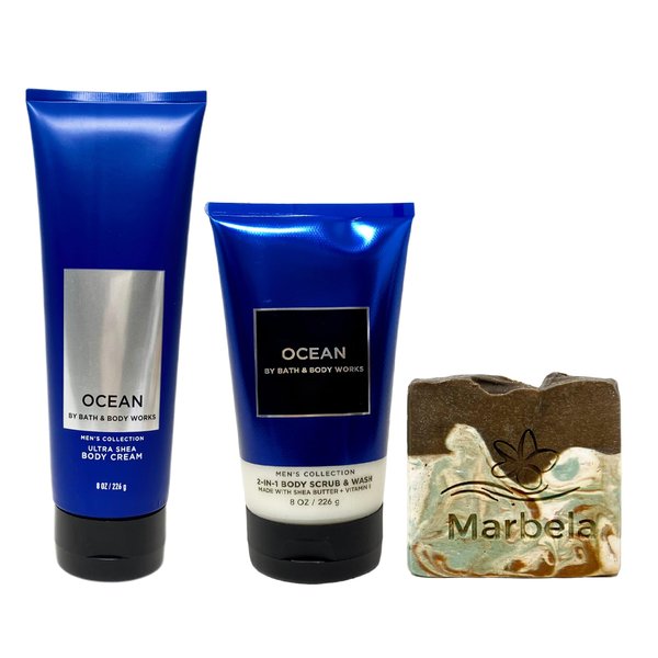 Bath & Body Works Men's Collection Ocean 2 Piece Bundle - Body Cream and 2-in-1 Body Scrub & Wash - with a Cabin Spice Bar Soap - Full Size