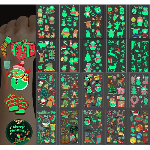 Luminous Christmas Temporary Tattoos for Kids, 400 PCS Bulk Christmas Tattoos for Boys Girls, Xmas Holiday Stickers Christmas Party Favor for Santa Clause Snowman Stocking Stuffers Gifts 20 Sheets