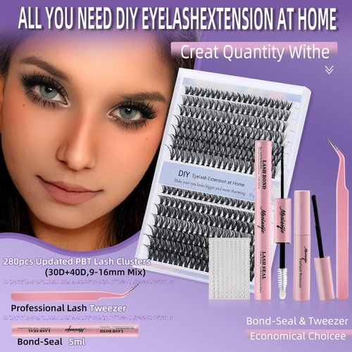 DIY Lash Extension Kit 280 Pcs Lash Clusters Kit Individual Lashes Natural 9-16mm D Curl with Bond Seal Tweezers Pearl Stickers Lash Glue Remover for Beginner Eyelash Extensions at Home (30D+40D)