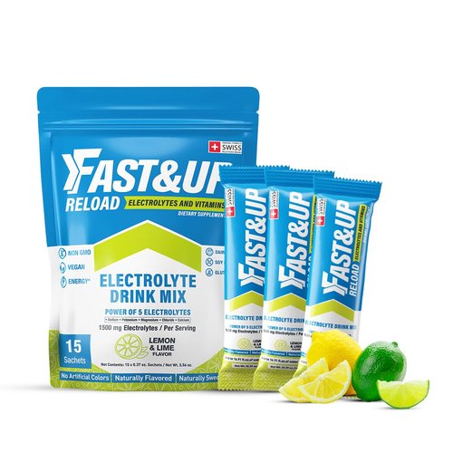 FAST&UP Reload – Lemon & Lime - Refreshing Electrolyte Drink Mix | Hydration Powder Packets | 1500 mg Electrolytes + Vitamins C & B12 | Easy to Open Single Serving Pack | 15 Servings