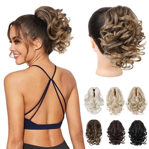 REECHO Ponytail Extension, 9" Claw Clip in Short Curly Wavy Pony Hair Extension Jaw Clip on Pony Tail HP001 Hairpiece for Women - Dark Ash Blonde with Golden Ends