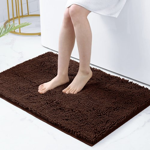 smiry Luxury Chenille Bath Rug, Extra Soft and Absorbent Shaggy Bathroom Mat Rugs, Machine Washable, Non-Slip Plush Carpet Runner for Tub, Shower, and Bath Room (36''x24'', Brown)