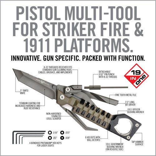 Real Avid Pistol Tool for Gun Maintenance | 19 in 1 Pistol Multitool & Handgun Utility Tool for Striker Fired & 1911 Platforms, Includes 1911 Bushing Wrench, Tanto Knife & Laser Sights Adjusters