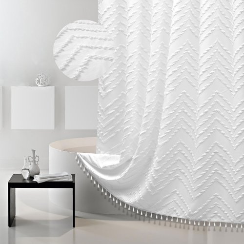 Boho Shower Curtain White Tassel Woven Fabric Shower Curtain Modern Farmhouse Textured Tufted Chevron Striped Minimalist Bathroom Hotel 72 x 72 White