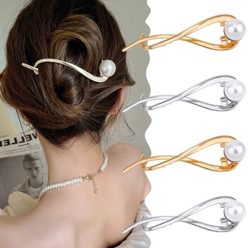Ahoney 4 Pcs Pearl Barrettes for Women - 4.2 French Hair Clips with Fancy Pearls for Thick Hair (Silver+Gold)