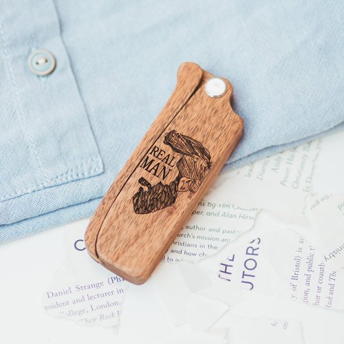 Enjoy The Wood Beard Comb for Men - Pocket Folding Combs for Mustache & Hair Travel, Natural Wooden Comb with Real Man Engraving - Light Brown, Perfect for Use with Beard Balm Oil