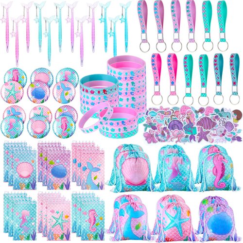 Sherr 140 Pcs Mermaid Party Favors for Kids Include Mermaid Silicone Bracelets, Mermaid Drawstring Backpacks, Keychains, Pens, Stickers, Spiral Notebooks for Birthday Party Supplies