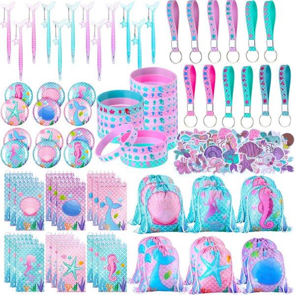 Sherr 140 Pcs Mermaid Party Favors for Kids Include Mermaid Silicone Bracelets, Mermaid Drawstring Backpacks, Keychains, Pens, Stickers, Spiral Notebooks for Birthday Party Supplies