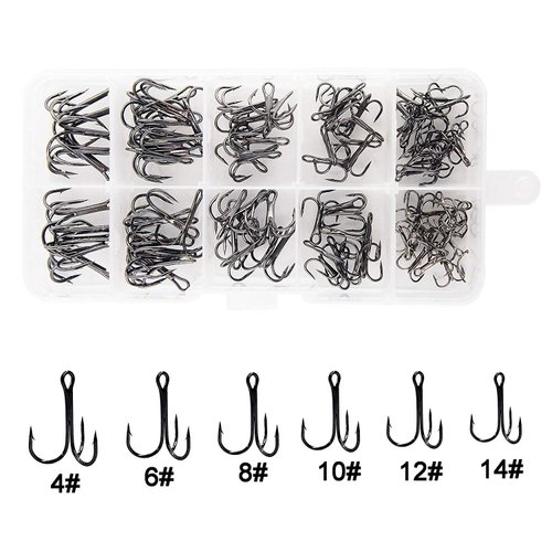 Fishing Treble Hooks Kit High Carbon Steel Hooks Strong Sharp Round Bend for Lures Baits Saltwater Fishing 110pcs/box Mixed 6 Size 4 6 8 10 12 14