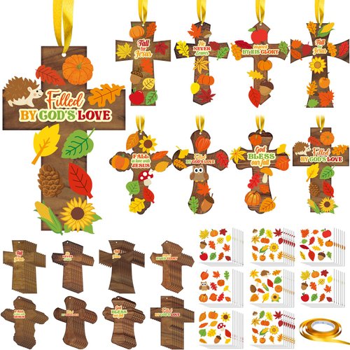 Watersay 48 Set Thanksgiving Christian Craft Kit Make Your Own Fall Religious Craft Jesus Cross Craft Pumpkin Maple Leaf DIY Bible Craft Hanging Ornament for Church VBS Autumn Harvest Activities