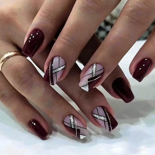 QQPPOLIU Press on Nails Medium Square Artificial Nails Dark Red Fake Press on Nails Holiday False...