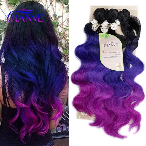 HANNE Ombre Color Synthetic Hair Bundles with Closure Body Wave Hair Extensions 18"20"22" with Closure Heat Resistant Colorful Synthetic Purple Hair Extensions (Black&Blue&Purple)