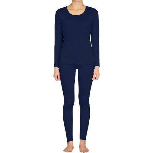 9M Women's Ultra-Soft Fleece Lined Thermal Base Layer Top & Bottom Underwear Set, Navy Blue, Small
