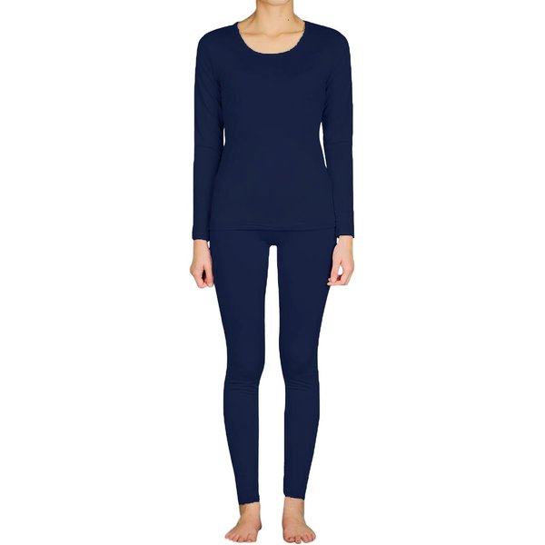 9M Women's Ultra-Soft Fleece Lined Thermal Base Layer Top & Bottom Underwear Set, Navy Blue, Small