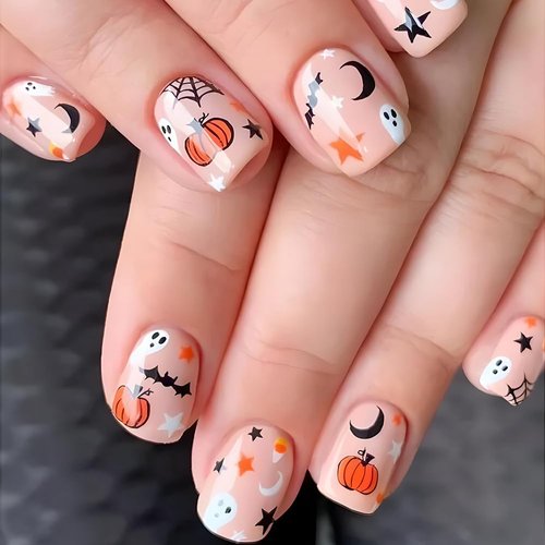 OHWODA Short Halloween Press on Nails Square Fake Nails Cartoon Funny Pumpkin Nails Halloween Design Glue on Nails Short Halloween Stick on Nails with Ghost Star Moon for Women Manicure Decorations