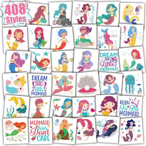 Partywind 408 Styles Mermaid Temporary Tattoos for Girls, Mermaid Party Supplies Favors Special for Kids Goodie Bag Stuffers, Mermaid Birthday Party Decorations (Individually Wrapped Cut)