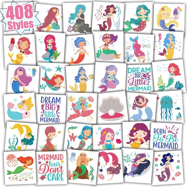 Partywind 408 Styles Mermaid Temporary Tattoos for Girls, Mermaid Party Supplies Favors Special for Kids Goodie Bag Stuffers, Mermaid Birthday Party Decorations (Individually Wrapped Cut)