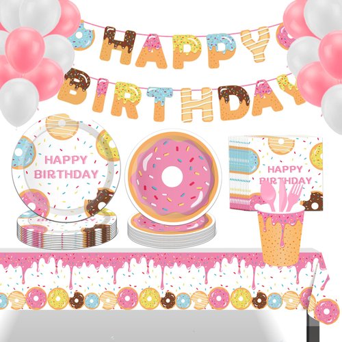 Donut Party Supplies 138Pcs Donut Themed Party Decorations Includes Party Plates, Banner, Tablecloth, Dinnerware,Napkins, Cups,Balloon for 16 Guest for Party,Birthday Party, Baby Shower