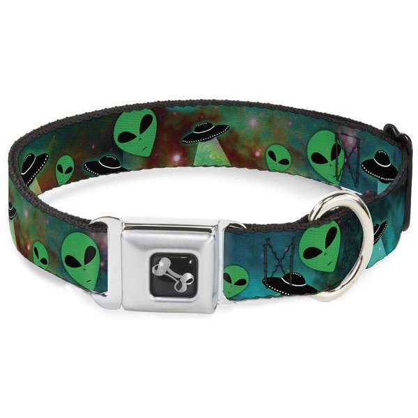 Buckle-Down Dog Collar Seatbelt Buckle Aliens UFOs Galaxy Green Black White, Multicolor, 1.5"" Wide - fits 16-23"" Neck - Medium (DC-W30163-WM)