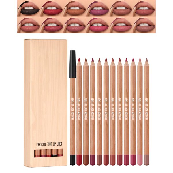 Matte Lip Liner Pencil Set, 12 Colors Creamy Lipliner Crayon, Long Lasting Waterproof Lip Tint Stain, Smooth, High Pigmented, Smudge-Proof Non-Stick Cup Lipstick Makeup Pen, Lip Liners Kit for Women-P