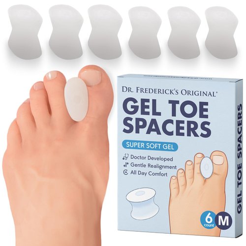 Dr. Frederick's Original Gel Toe Separators - 6 Pcs - Gel Toe Spacers - Temporary Bunion Corrector - Gel Orthotic for Bunion - Overlapping Toe Pain - Medium