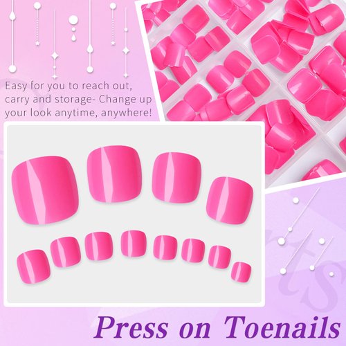 Lifextol 240pc Press on Toenails for Women Toe Press on Nails Short Fake Toe Nails Press ons with Glue&Adhesive Tabs, Acrylic Toe Nail Tips False Toenail Press ons Artificial Fake Toenails-Hot Pink