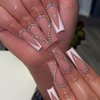 White French Tip Press on Nails Long Square - Heart Shaped Rhinestone Design Extra Long Square Fake Nails Press ons,24 Pcs Full Cover Acrylic Nails Walnut Color Glue on Nails for Women