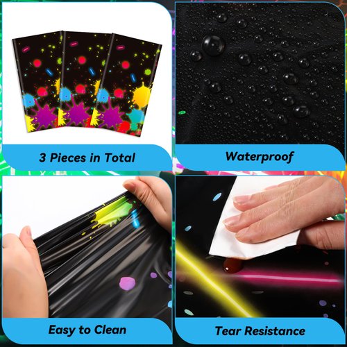 VitalCozy 3 Pcs Neon Tablecloths Glow in The Dark Tablecloths Black Plastic Covers 54 x 108 Inch Disposable Table Cloths for Glow Party Neon Birthday Party Decorations Black Light Party Supplies