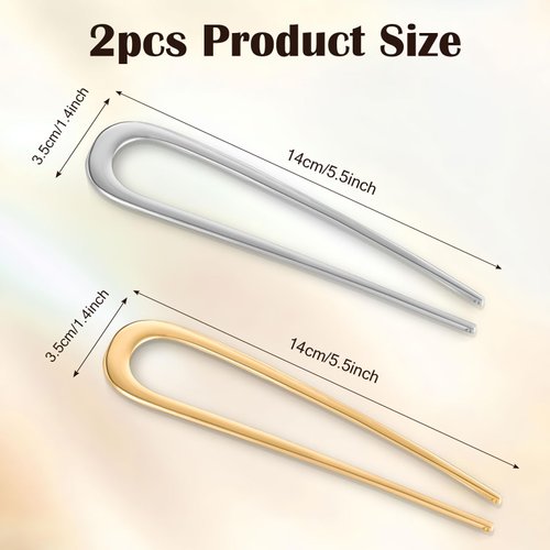 2Pcs French Pins Hair for Coiffure, 5.5 Inch Metal U-Shaped Hair Clip for Long Thick Hair, Vintage French Twist Hair Pin for Women Girls (Gold,Sliver)