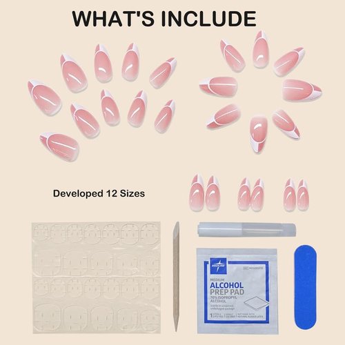 ArtiClaws Press On Nails Medium Almond Nude Pink French Tip 24 Pcs Nails Press ons Acrylic Glossy Artificial Nails Prep Kit