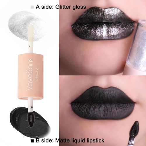 VavaSans Black Matte Liquid Lipstick with Silver Clear Glitter Lip Gloss 2 In 1 Dual Ended Highly Pigmented Long Lasting Non Sticky Transfer Proof High Shine Finish Makeup for Girls and Women