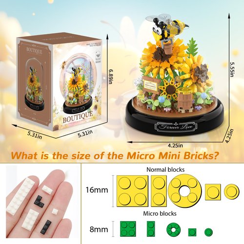 QLT QIAOLETONG Flower Bouquet Building Sets, Animals Flowers Botanical Collection 548 PCS Mini Bricks Building Blocks Toy for Adults, Valentine's Day for Her (Bee)